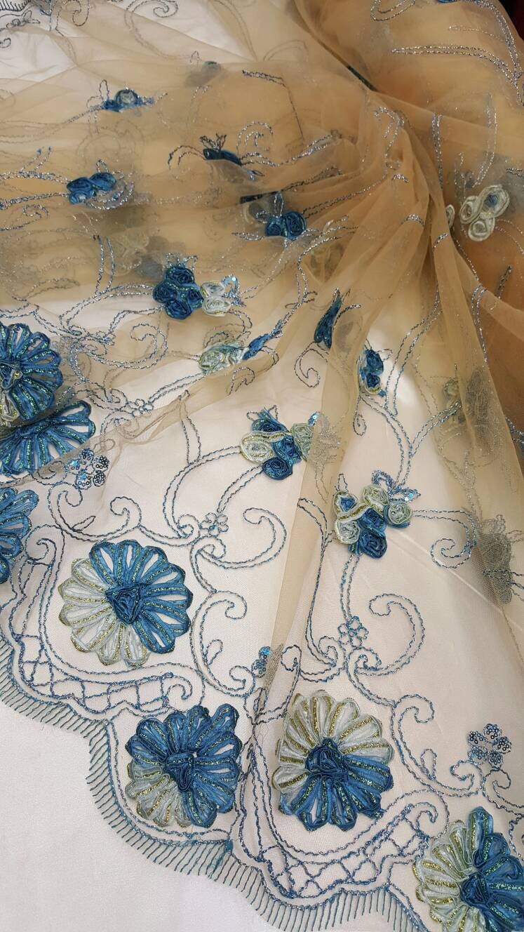 Embroidered Lace Blue Floral Border on Champagne Mesh
