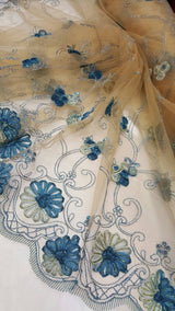 Embroidered Lace Blue Floral Border on Champagne Mesh