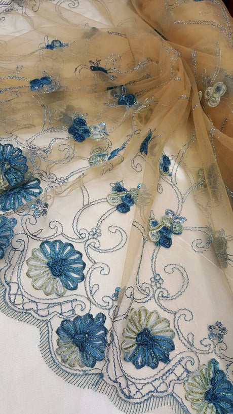 Embroidered Lace Blue Floral Border on Champagne Mesh