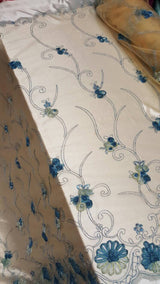 Embroidered Lace Blue Floral Border on Champagne Mesh