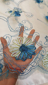 Embroidered Lace Blue Floral Border on Champagne Mesh