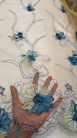 Embroidered Lace Blue Floral Border on Champagne Mesh