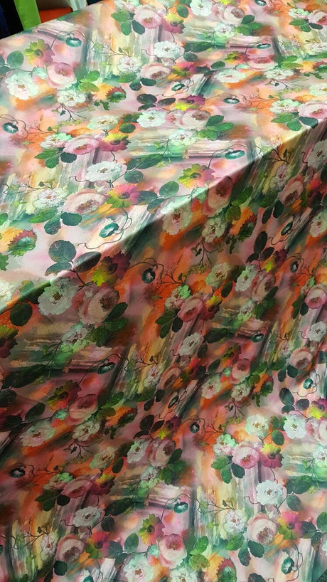 Floral Spandex Stretch Fabric Orange Pink Green