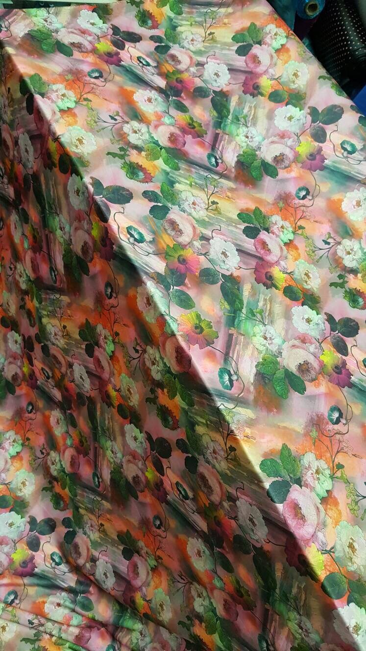 Floral Spandex Stretch Fabric Orange Pink Green