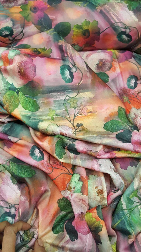 Floral Spandex Stretch Fabric Orange Pink Green