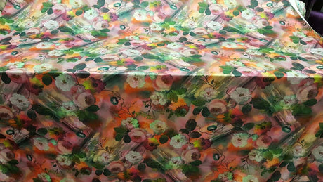Floral Spandex Stretch Fabric Orange Pink Green
