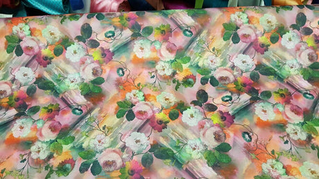 Floral Spandex Stretch Fabric Orange Pink Green