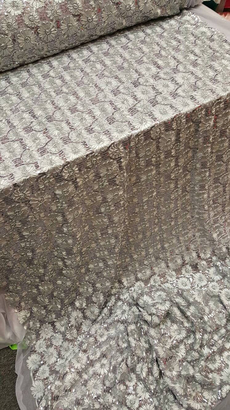 Sequin Lace Embroidered Floral Mesh Silver Gray