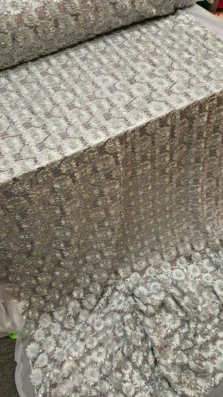 Sequin Lace Embroidered Floral Mesh Silver Gray