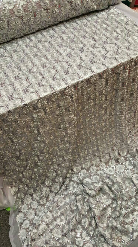 Sequin Lace Embroidered Floral Mesh Silver Gray