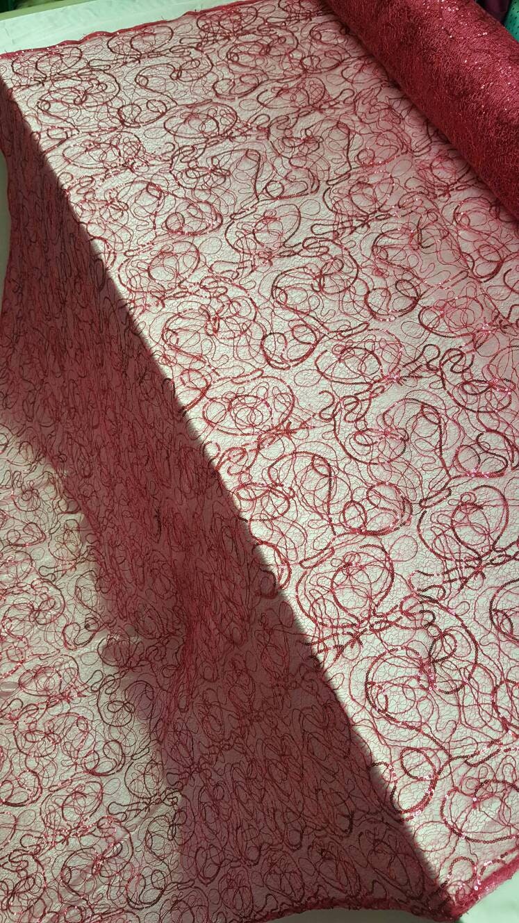 Embroidered Lace Sequin Fabric Hot Pink