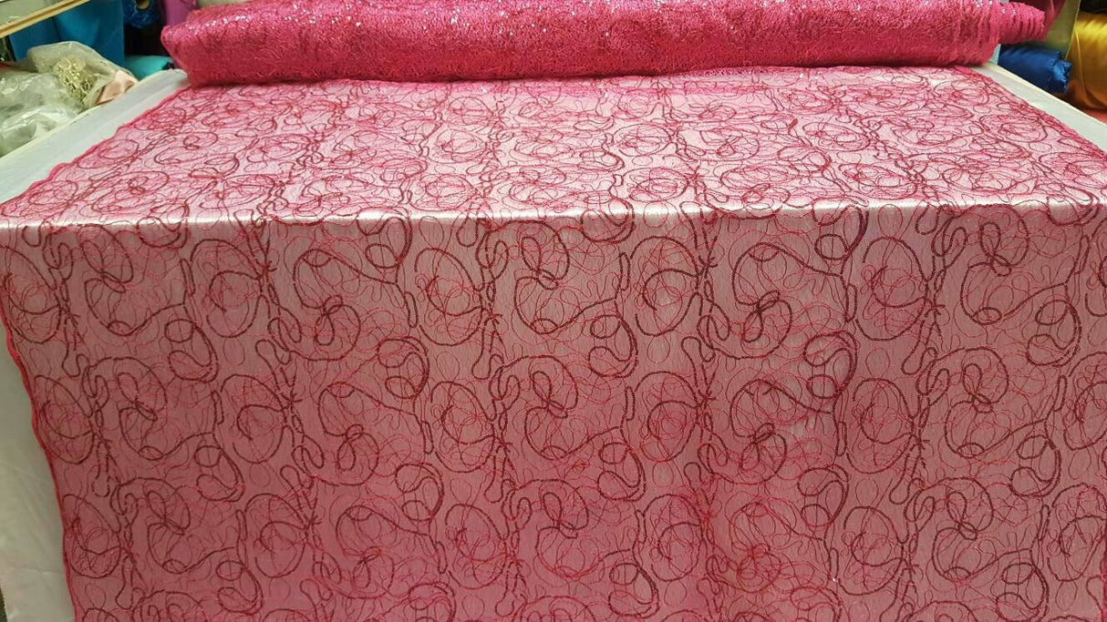Embroidered Lace Sequin Fabric Hot Pink