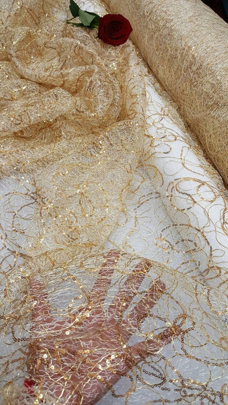 Embroidered Sequin Lace Gold Spider Web