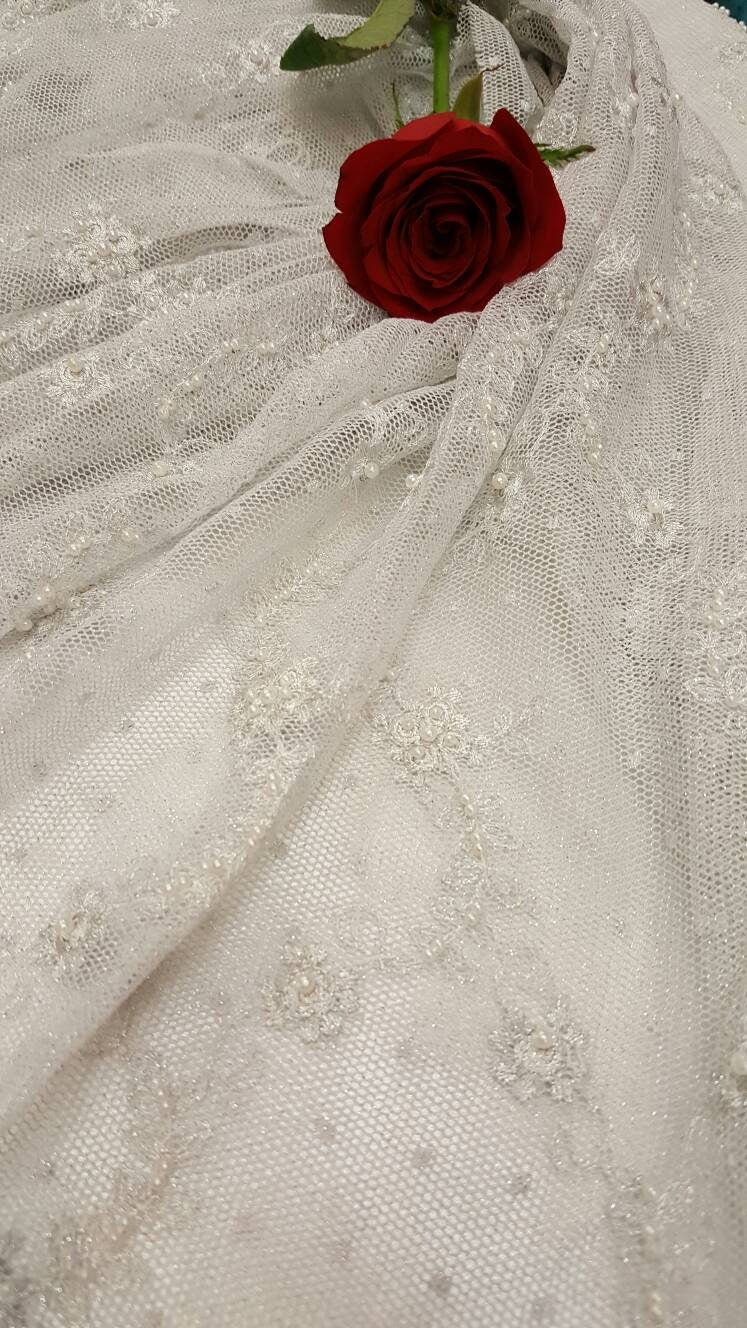 Embroidered Stretch Lace White Silver