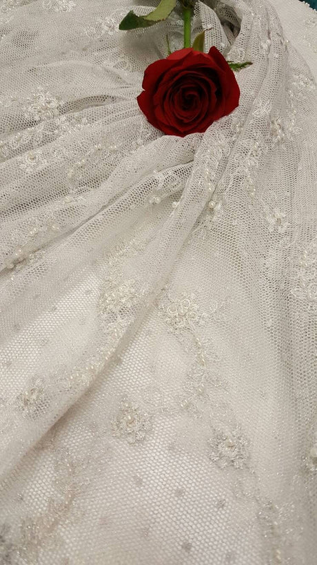 Embroidered Stretch Lace White Silver