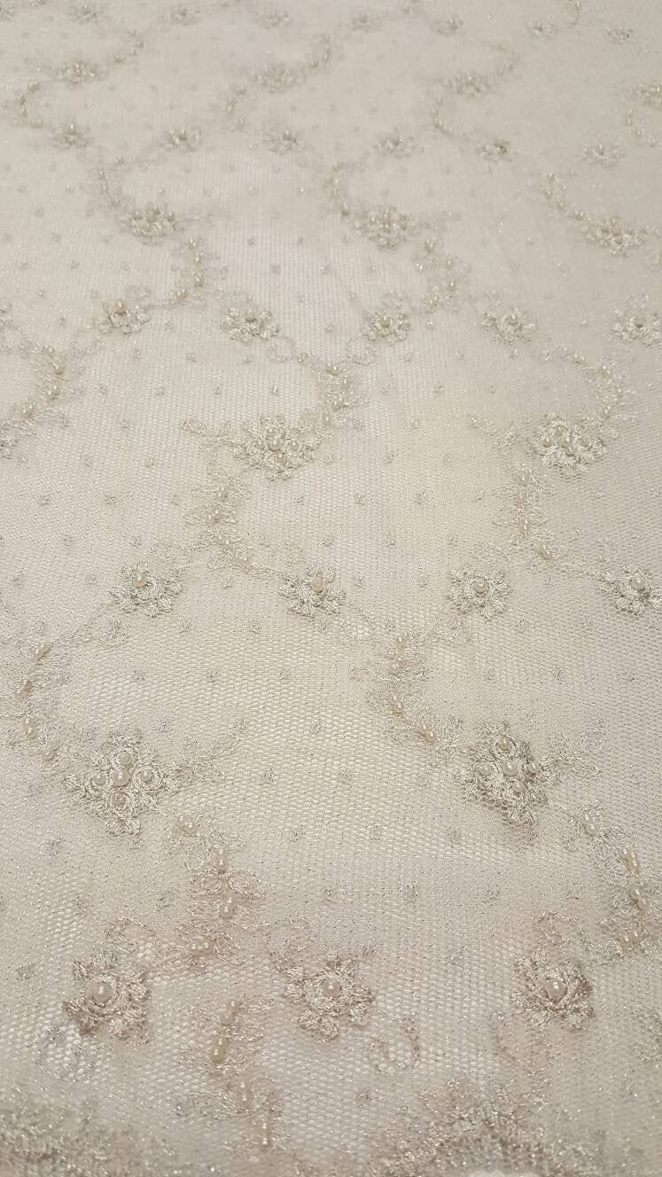 Embroidered Stretch Lace White Silver