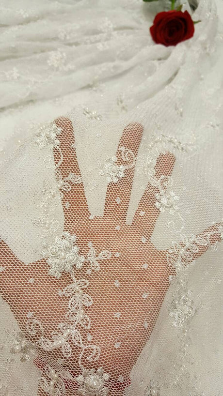 Embroidered Stretch Lace White Silver