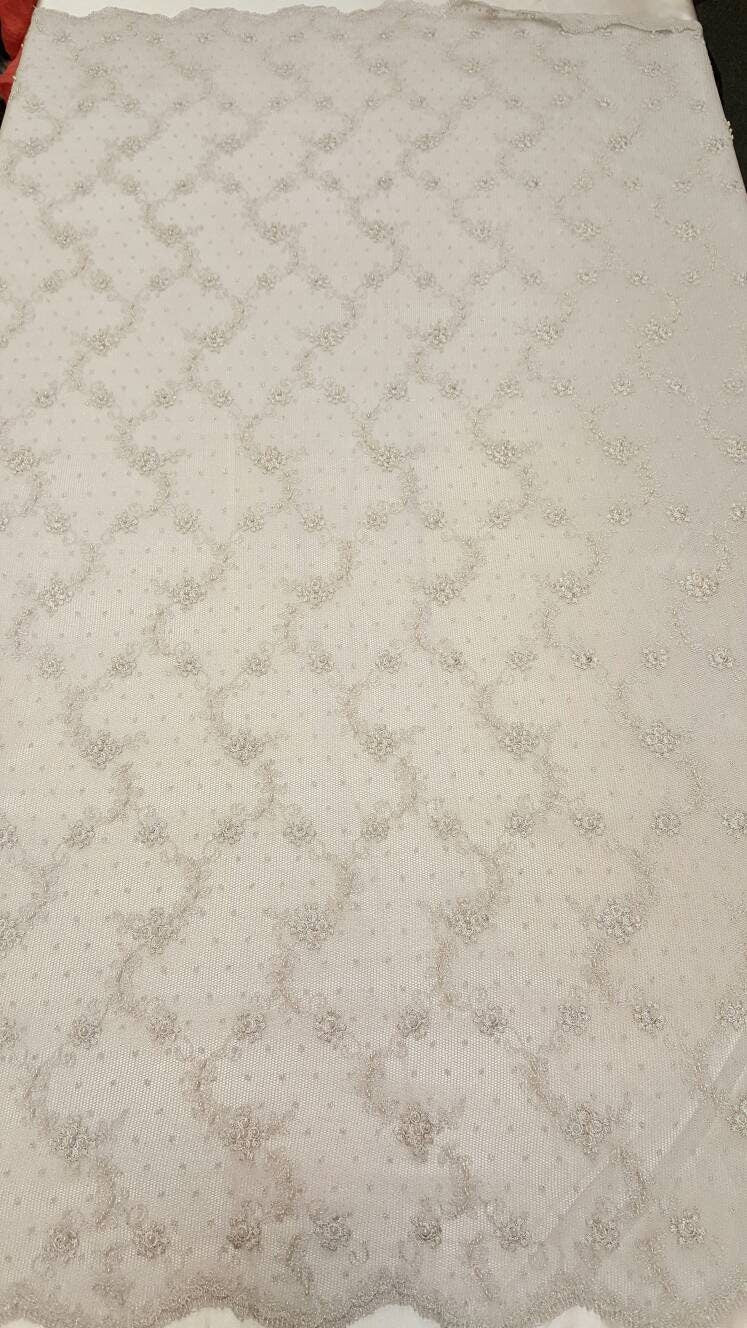 Embroidered Stretch Lace White Silver