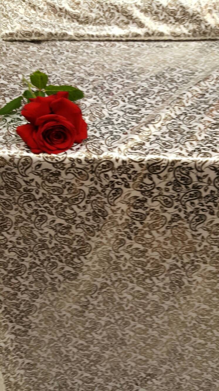 Gold Paisley Satin Fabric on White