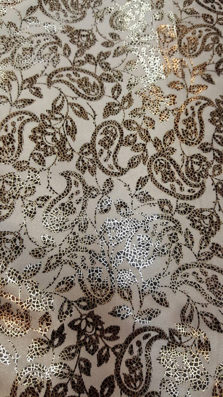 Gold Paisley Satin Fabric on White