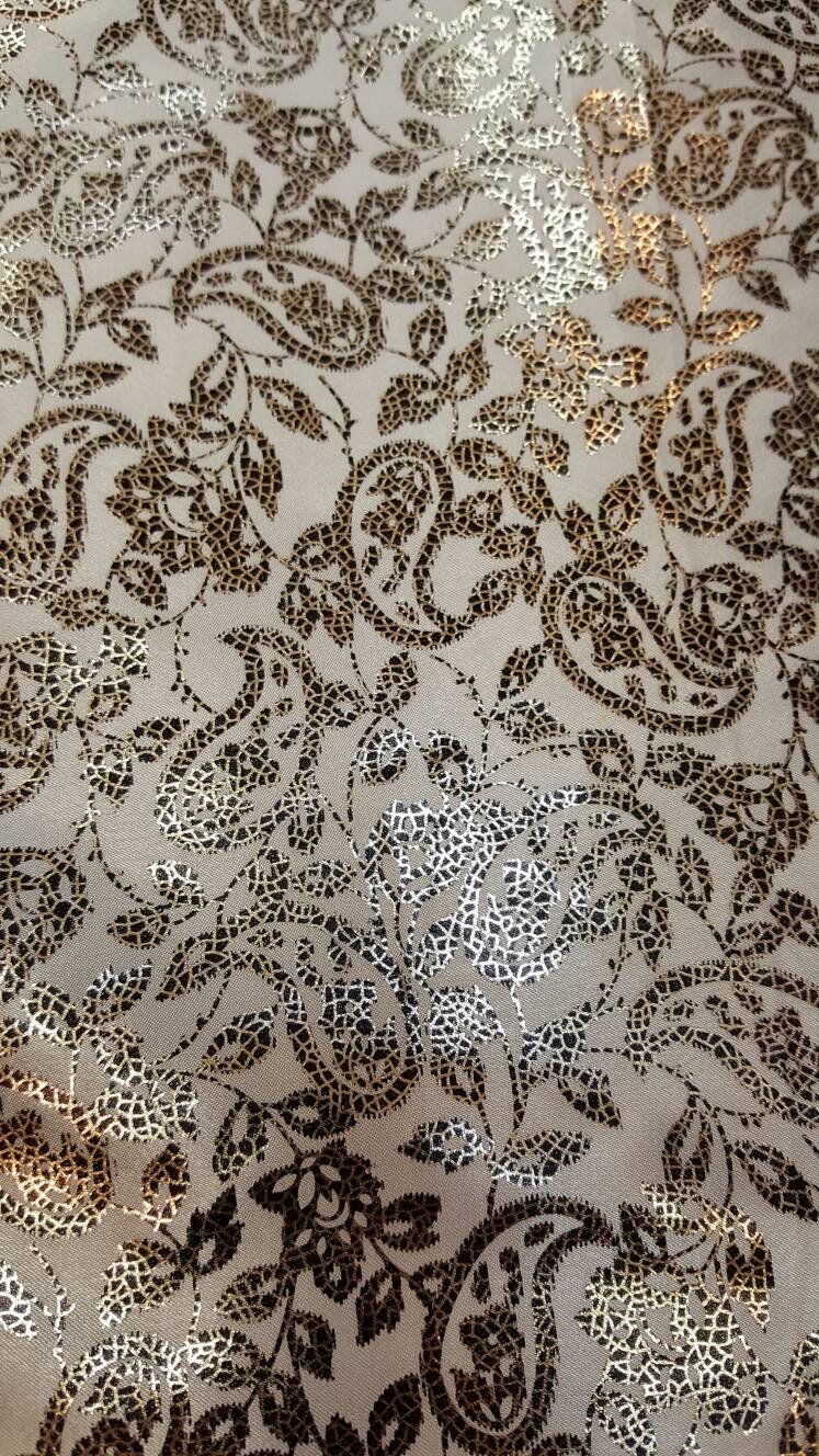 Gold Paisley Satin Fabric on White