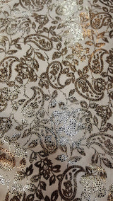 Gold Paisley Satin Fabric on White