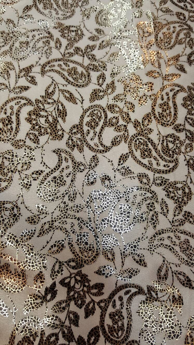 Gold Paisley Satin Fabric on White