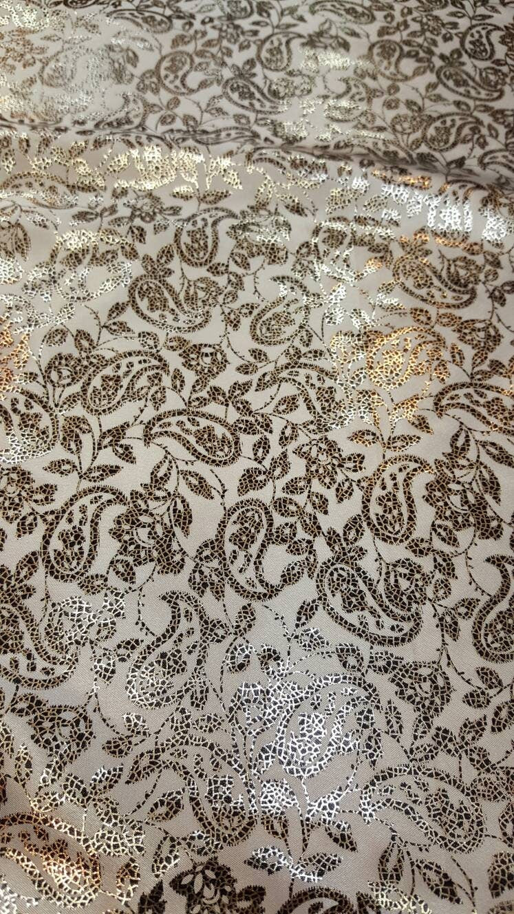 Gold Paisley Satin Fabric on White