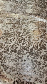 Gold Paisley Satin Fabric on White