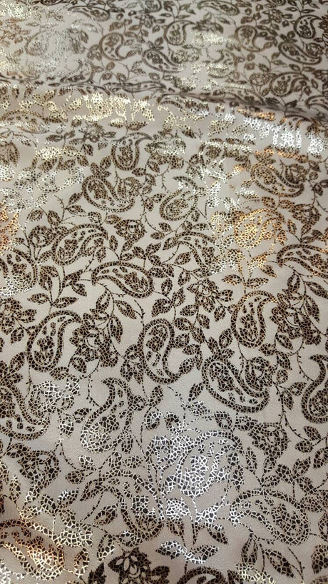 Gold Paisley Satin Fabric on White