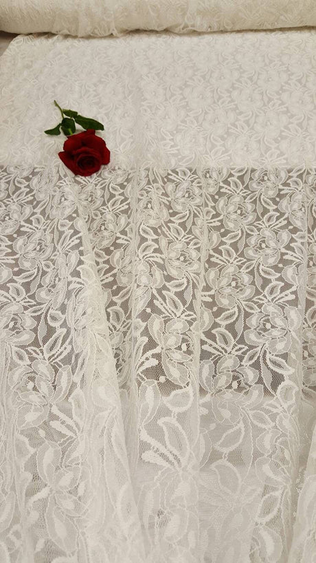 Bridal Stretch Lace White Floral Embroidered Mesh