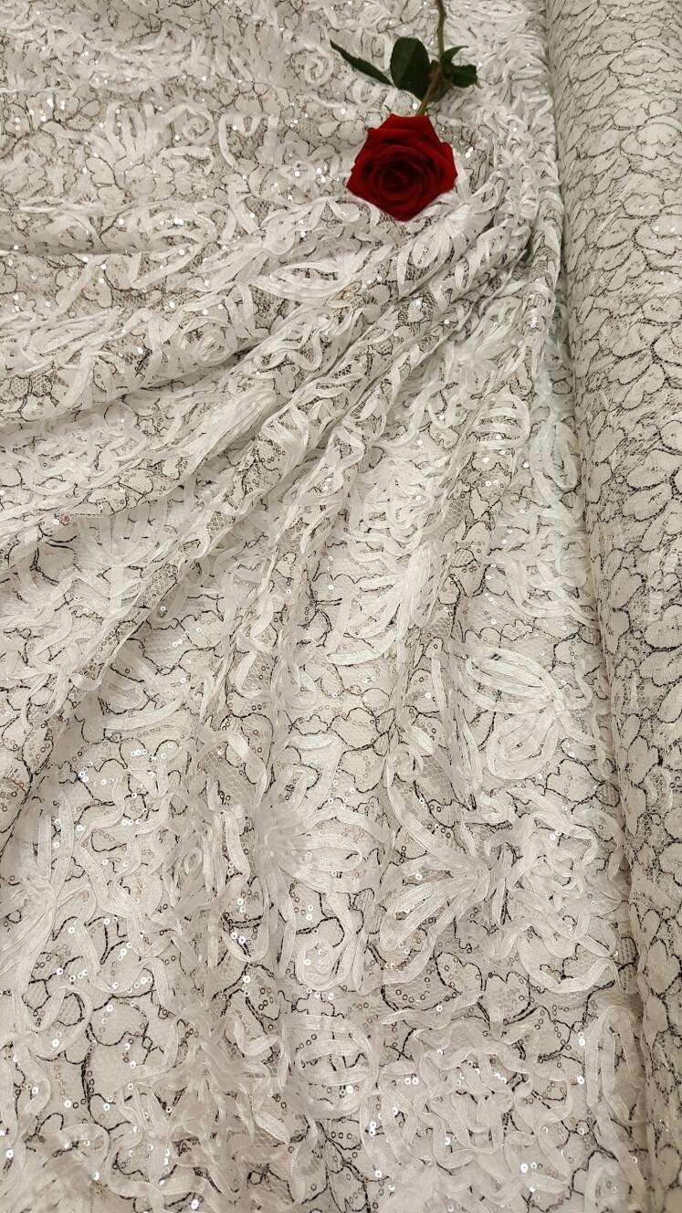 Embroidered Sequin Mesh Fabric White Black Silver