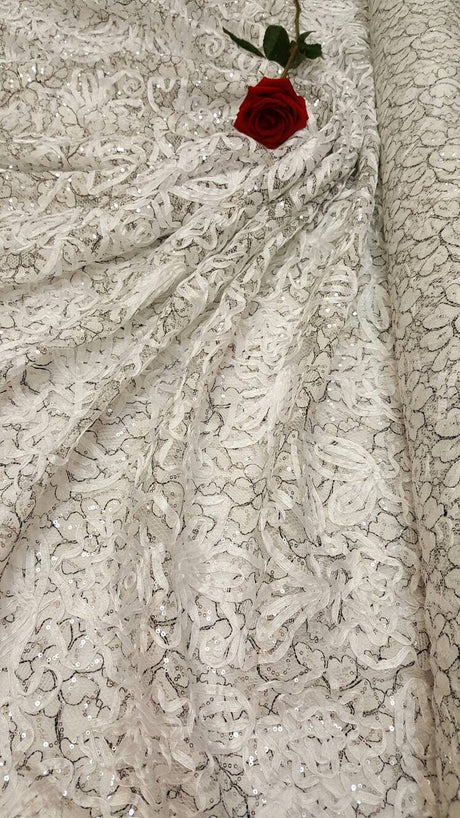 Embroidered Sequin Mesh Fabric White Black Silver