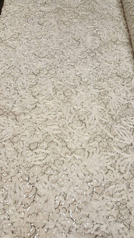 Embroidered Sequin Mesh Fabric White Black Silver