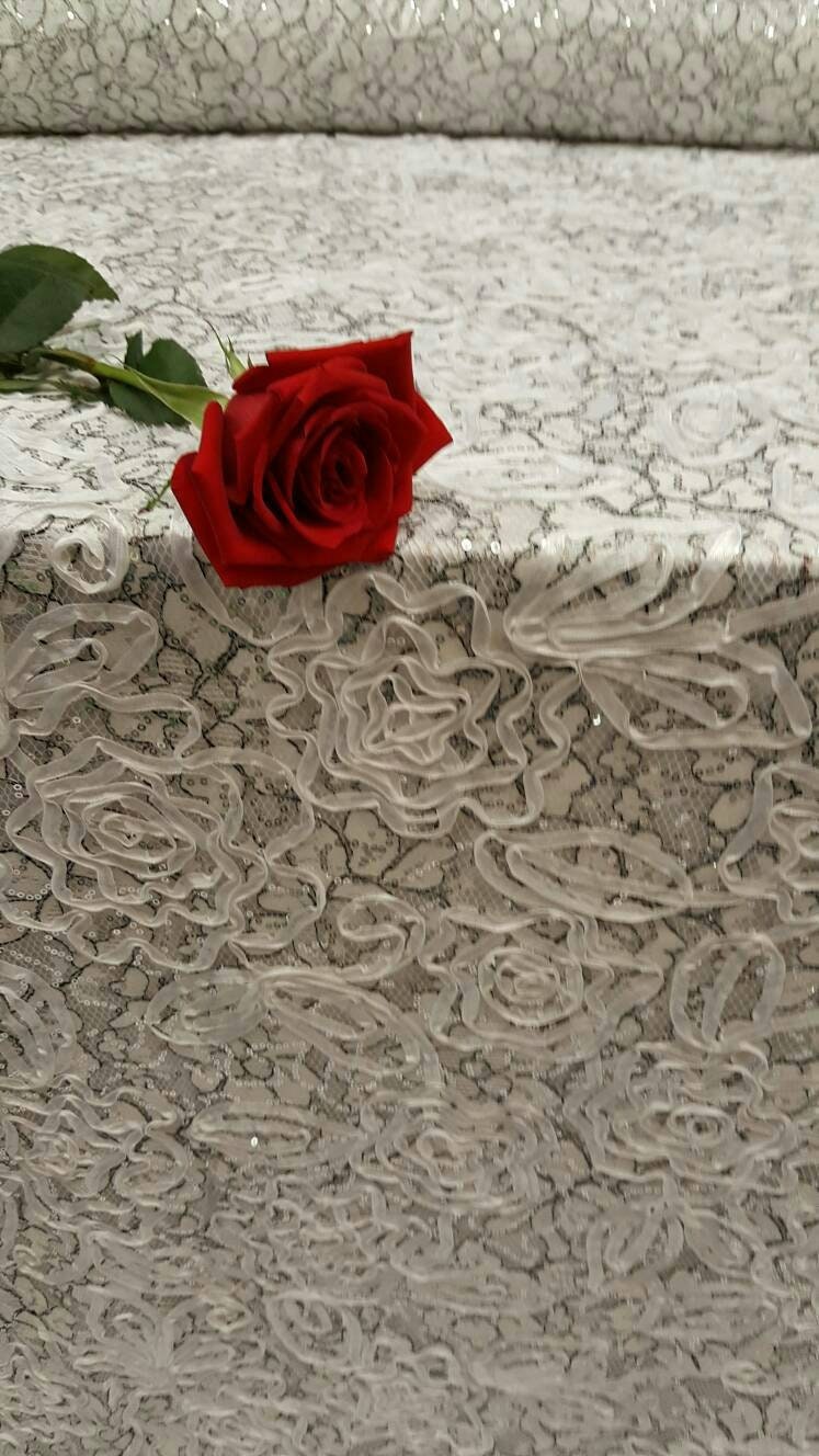 Embroidered Sequin Mesh Fabric White Black Silver
