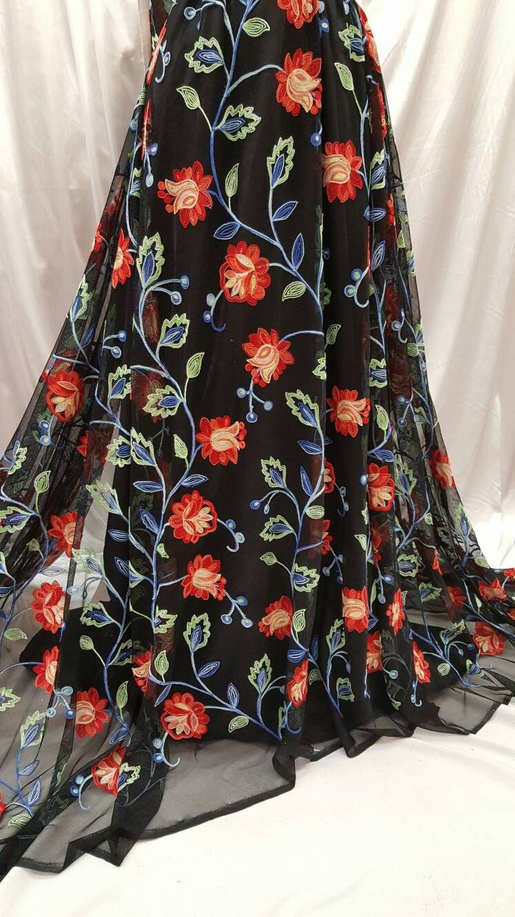 Embroidered Lace Multicolor Floral on Black Mesh