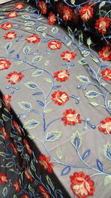 Embroidered Lace Multicolor Floral on Black Mesh