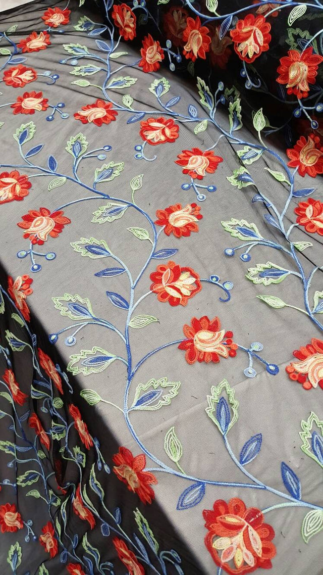 Embroidered Lace Multicolor Floral on Black Mesh