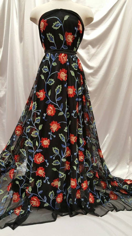 Embroidered Lace Multicolor Floral on Black Mesh