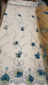 Embroidered Lace Blue Floral Border on Champagne Mesh