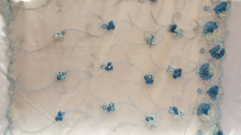 Embroidered Lace Blue Floral Border on Champagne Mesh