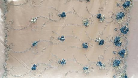 Embroidered Lace Blue Floral Border on Champagne Mesh