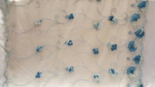 Embroidered Lace Blue Floral Border on Champagne Mesh