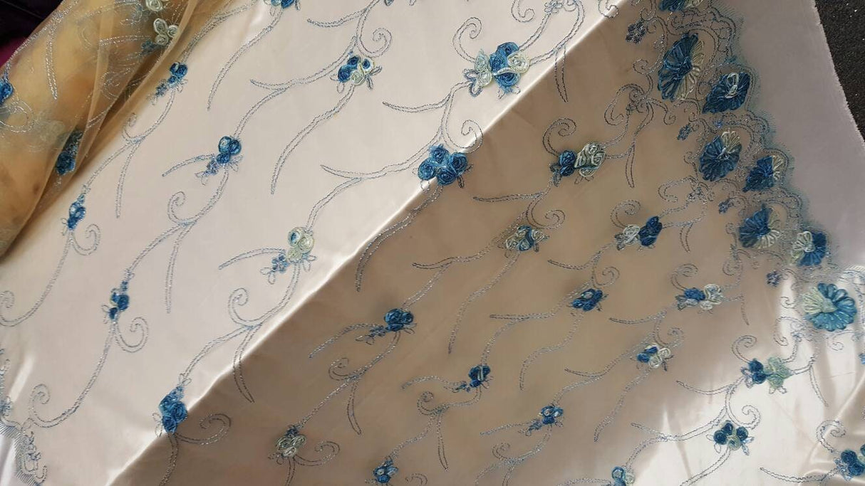 Embroidered Lace Blue Floral Border on Champagne Mesh