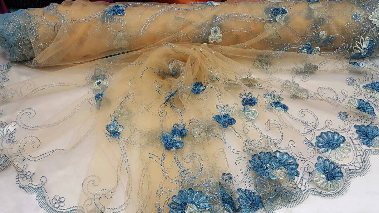 Embroidered Lace Blue Floral Border on Champagne Mesh