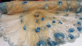 Embroidered Lace Blue Floral Border on Champagne Mesh