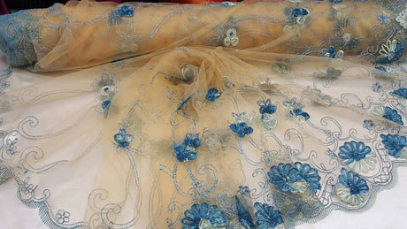 Embroidered Lace Blue Floral Border on Champagne Mesh
