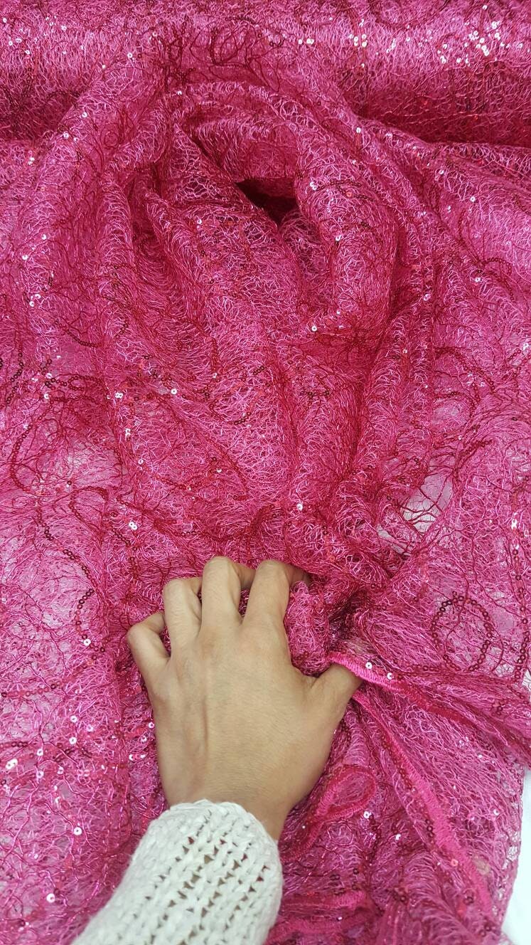 Embroidered Lace Sequin Fabric Hot Pink