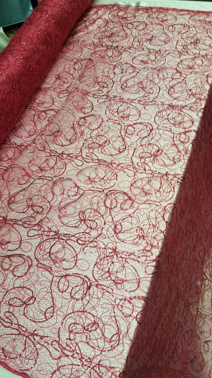 Embroidered Lace Sequin Fabric Hot Pink