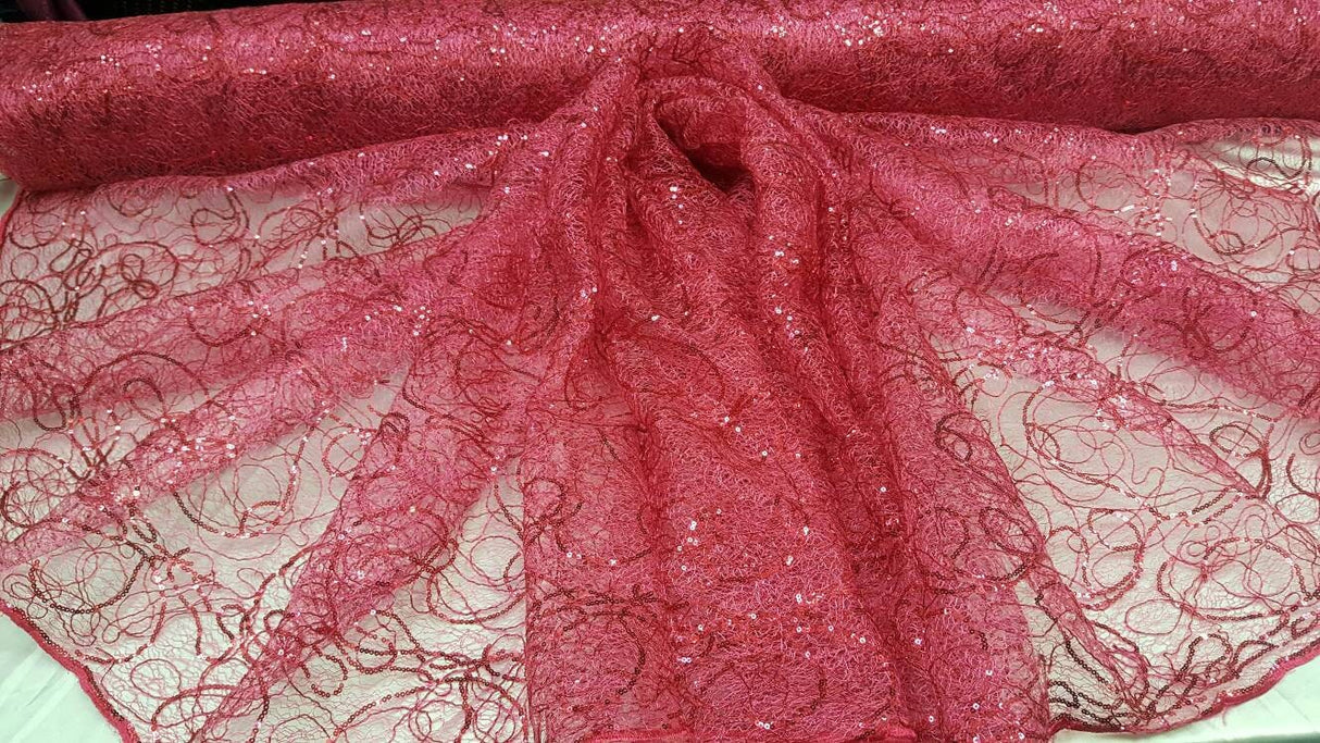 Embroidered Lace Sequin Fabric Hot Pink